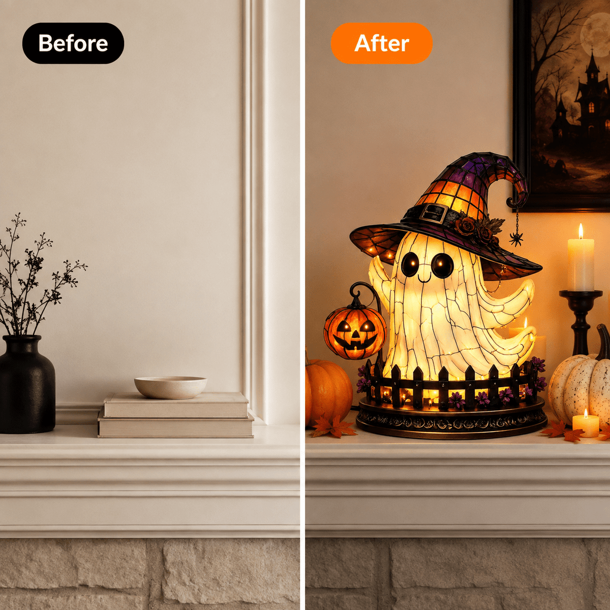 Diceymbol 11.81 Inch Halloween Ghost Night Light, Witch Hat Ghost Lamp with Jack O Lantern, Halloween Decorations Indoor for Table Mantel Party Decor