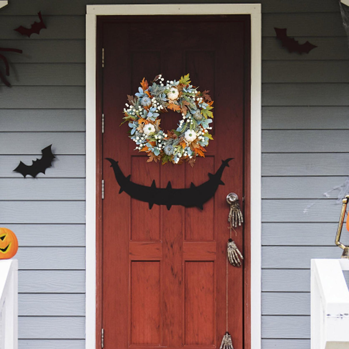 KMWGRE Farmhouse Autumn Wreath for Front Door -Grapevine Wreath Rustic Fall Decor with Artificial Pumpkins, Roses & Berry Branches, Thanksgiving Halloween Wreath