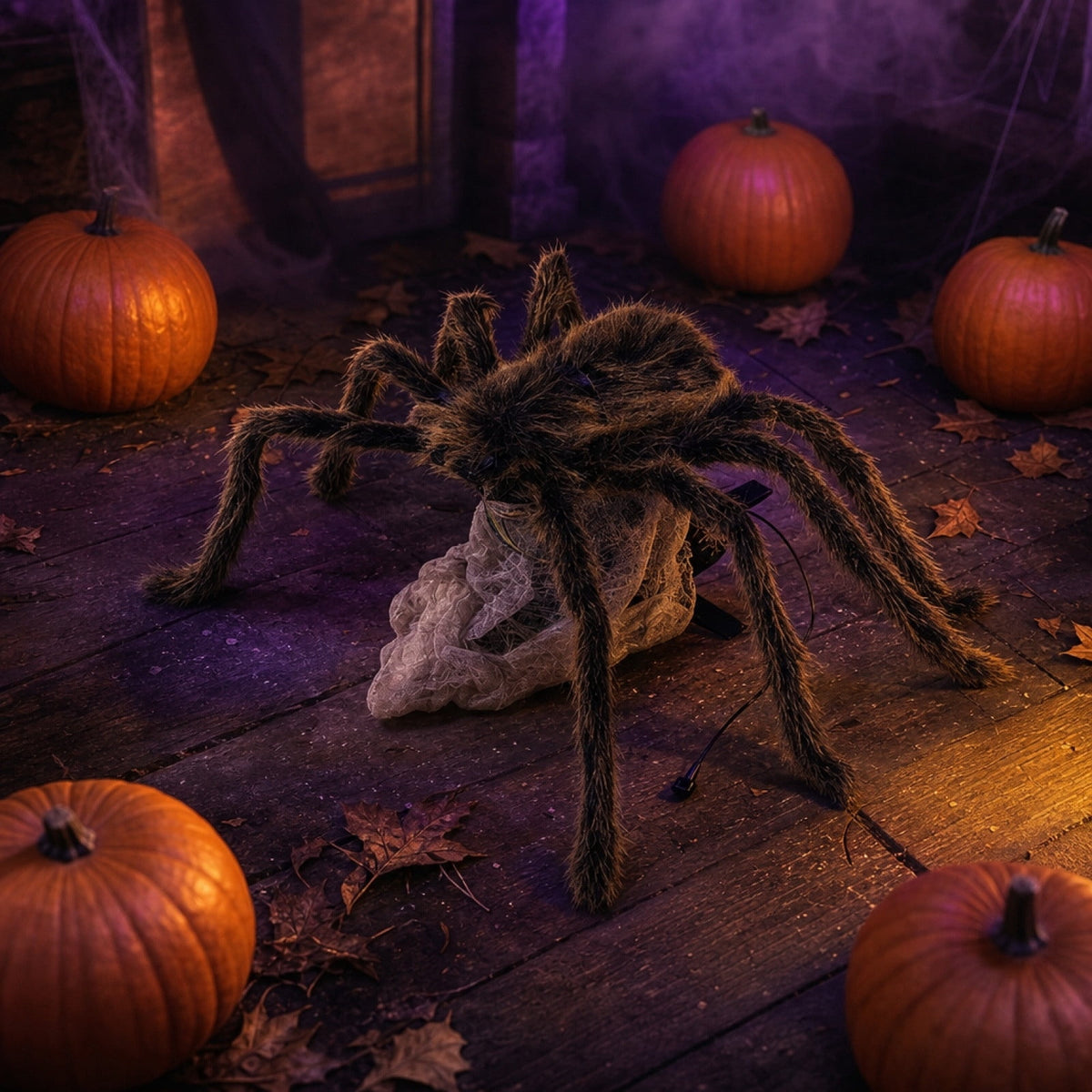 Jumping Scary Spider Halloween Prop Animated Pops Up Furry Toy with Glowing Eyes Spooky Sounds Motion-Activated Prank Decor for Porch Party Display