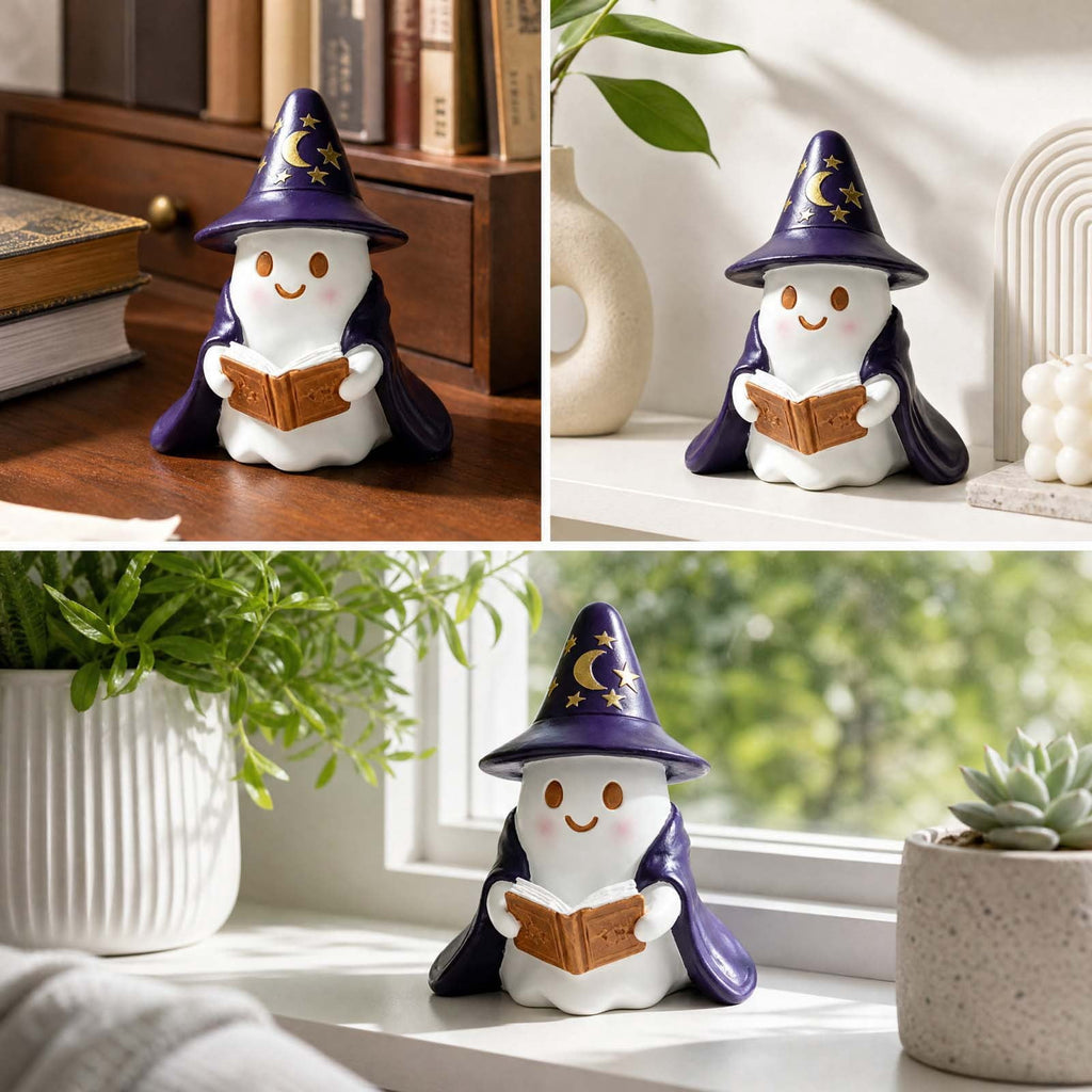 Halloween Ghost Figurine, Ghost Girl with Pink Bow & Hot Drink, Funny Ghost Statue Halloween Decor for Gift, Cute Spooky Tabletop Ornament for Home, Mantle, Desk & Party Decoration