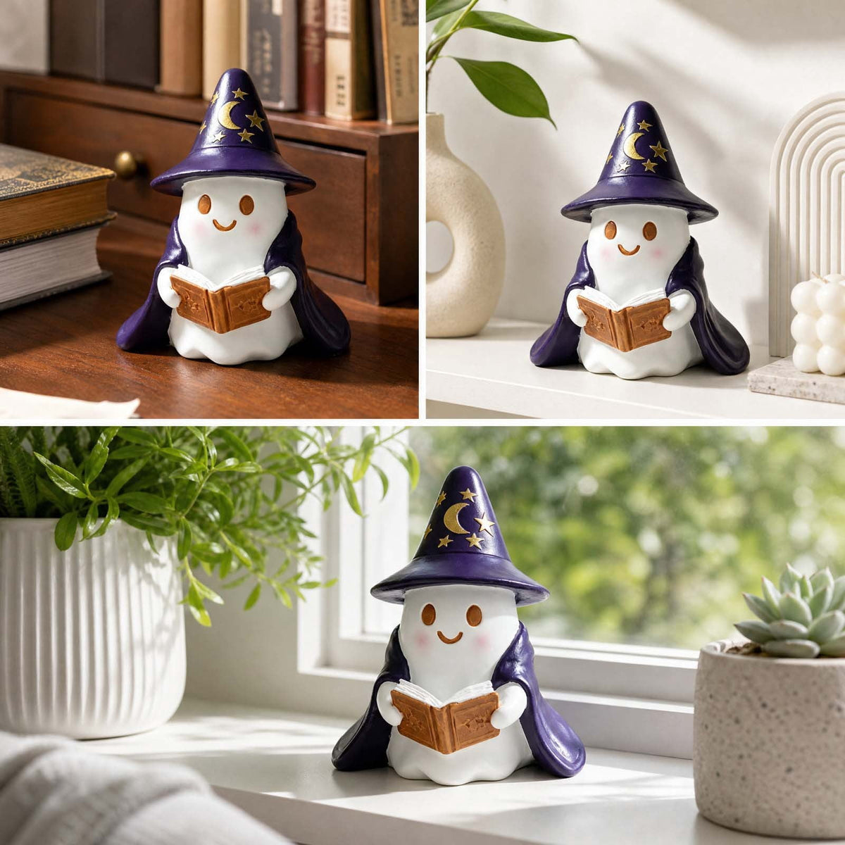 Halloween Ghost Figurine, Ghost Girl with Pink Bow & Hot Drink, Funny Ghost Statue Halloween Decor for Gift, Cute Spooky Tabletop Ornament for Home, Mantle, Desk & Party Decoration