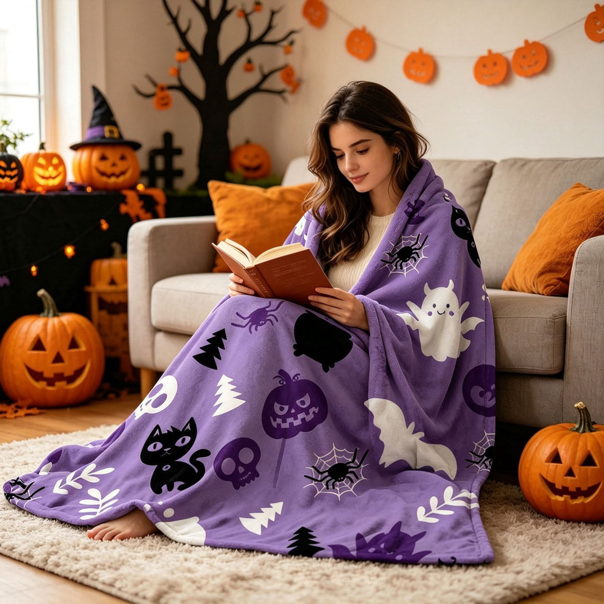 Halloween blanket,Halloween Print Throw Blanket Flannel Soft Cozy Decorative Nap Blanket with Ghost Pumpkin Skull for Office Bedroom Sofa Camping Travel(100x150cm/39x59 Inch),Black