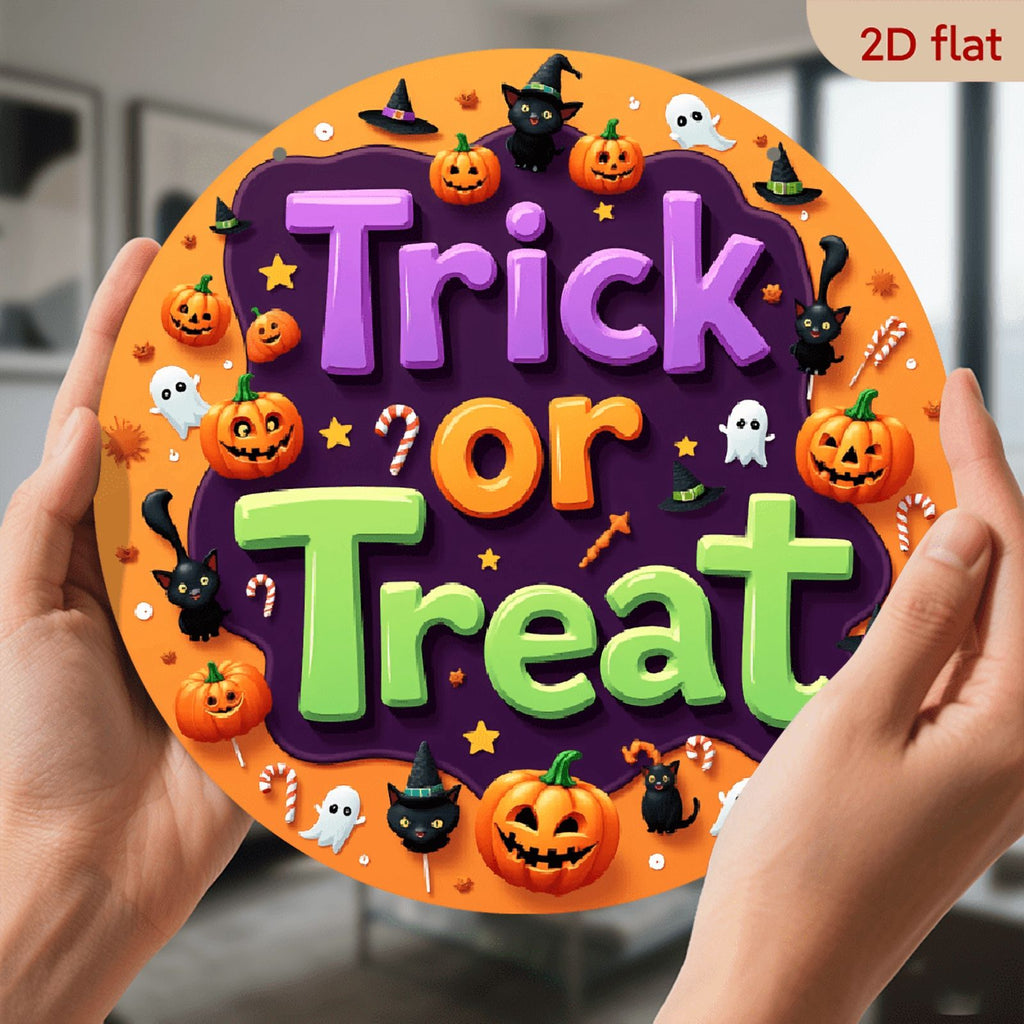 2D Flat, Halloween Round Aluminum Wall Sign - 8*8 Inch Trick or Treat Decor with Spooky Pumpkin,, Bat & Candy Corn Design - American-Style Holiday Season Decoration for Home, Kitchen, Garden, Office