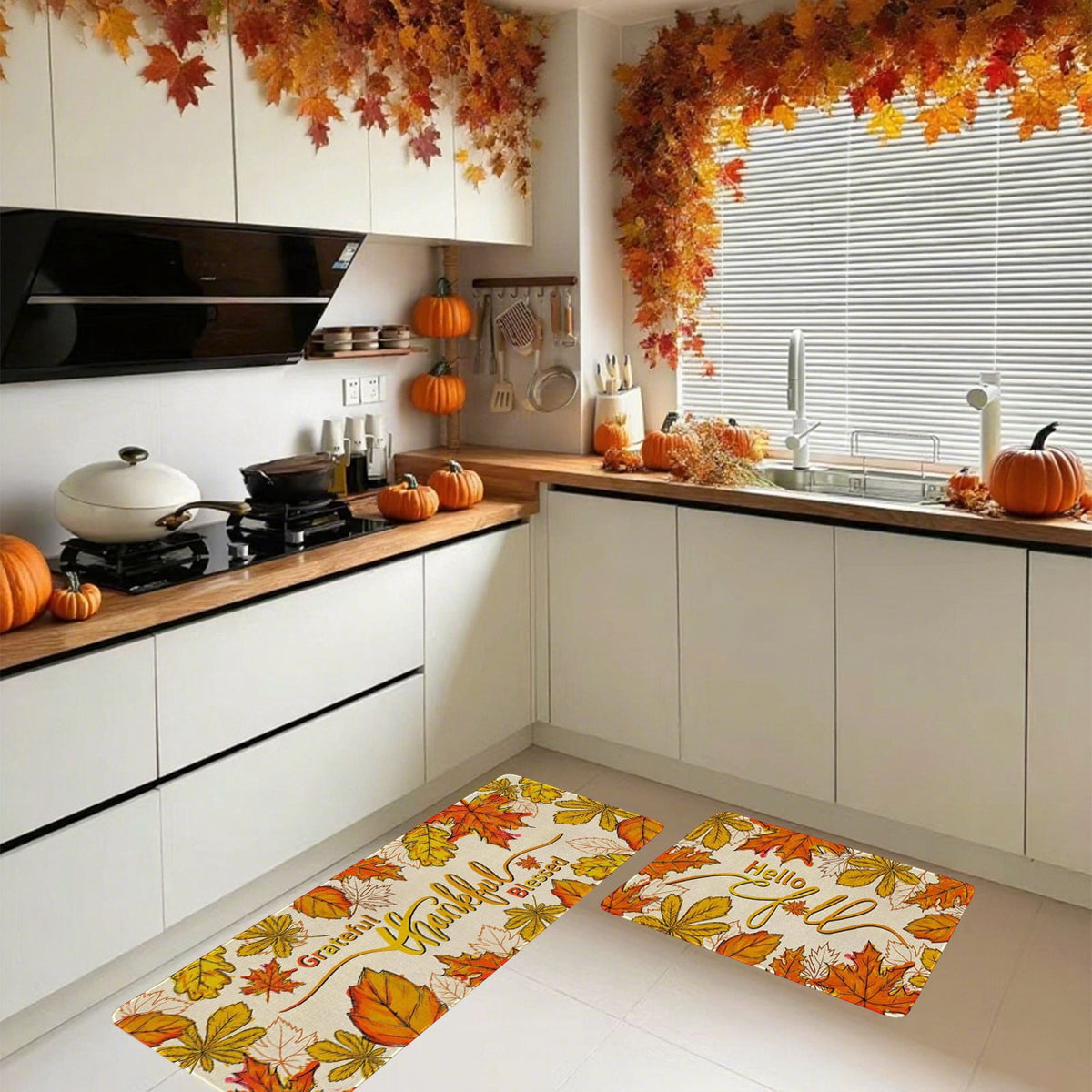 HOARBOEG Kitchen Floor Mat, Halloween Thanksgiving Fall Floor Mats 2-Piece Set - Non-Slip Pumpkin Maple Leaf Decor Rug for Bathroom Kitchen Porch Entrance, Holiday Home Decor
