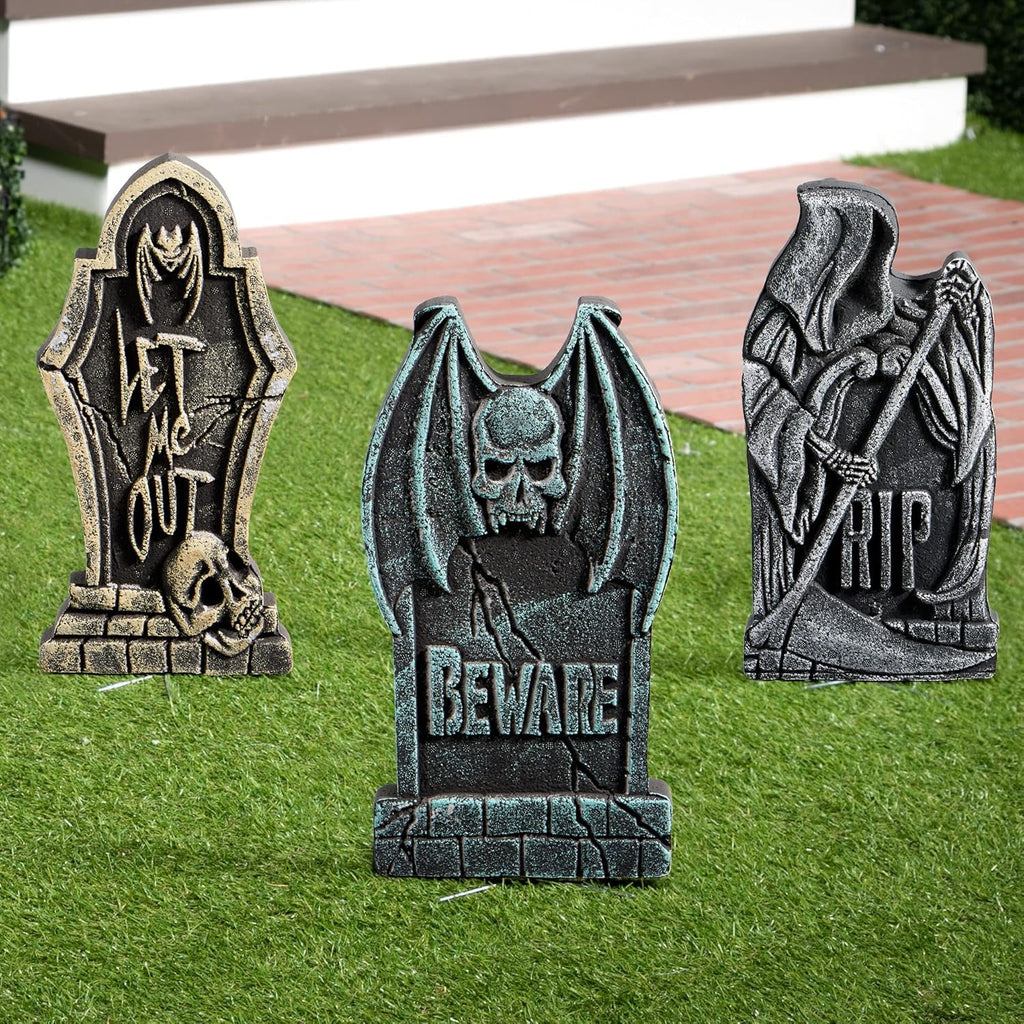 Joyfy 5 Pack Halloween Tombstone Outdoor Decorations,17 Inch Foam RIP Cemetery Headstone Decoration and 12 Halloween Yard Lawn Decoration Metal Stakes
