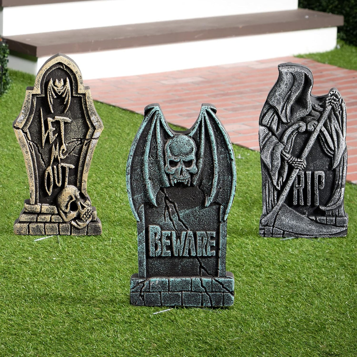 Joyfy 5 Pack Halloween Tombstone Outdoor Decorations,17 Inch Foam RIP Cemetery Headstone Decoration and 12 Halloween Yard Lawn Decoration Metal Stakes