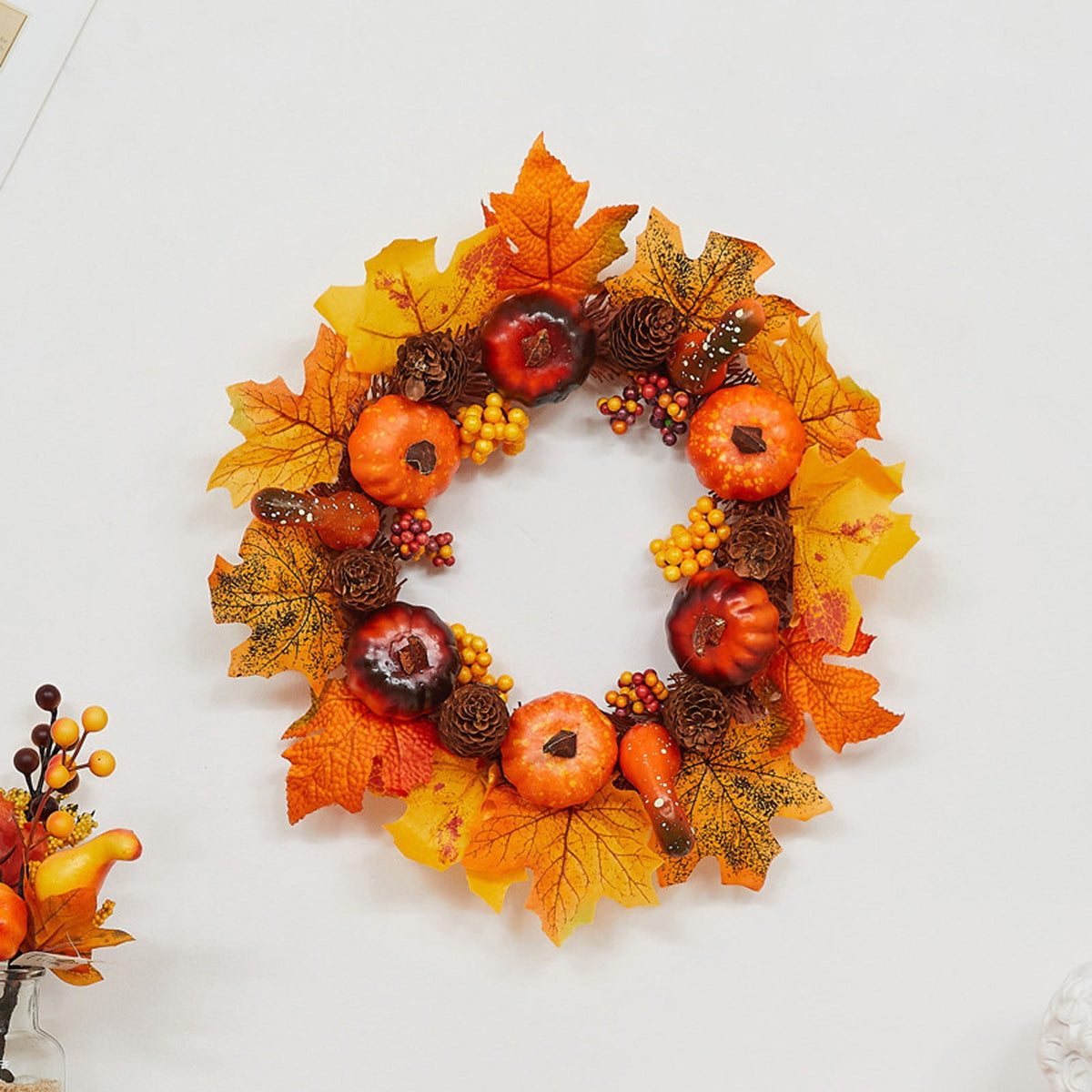 Autumn Wreath 14 Inch Fall Decor for Home Front Door with Artificial Maple Leaf Pumpkin Berry Pinecone Harvest Thanksgiving Halloween Farmhouse Seasonal Decorations Indoor Outdoor,