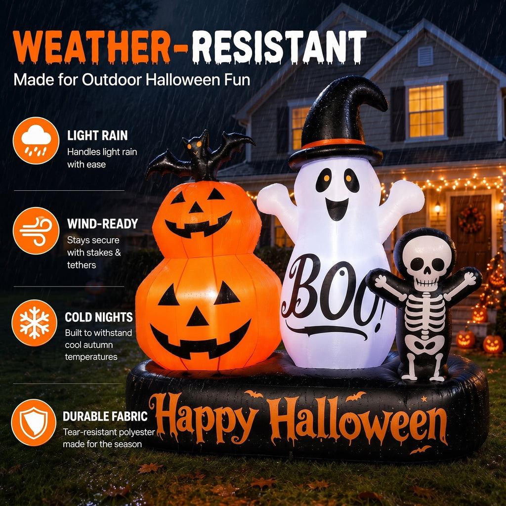 6ft Halloween Inflatable Outdoor Decorations, Lighted Pumpkin Ghost Skeleton with Bat, Built-in LED Lights, Blow Up Halloween Yard Decoration for Lawn, Porch & Party