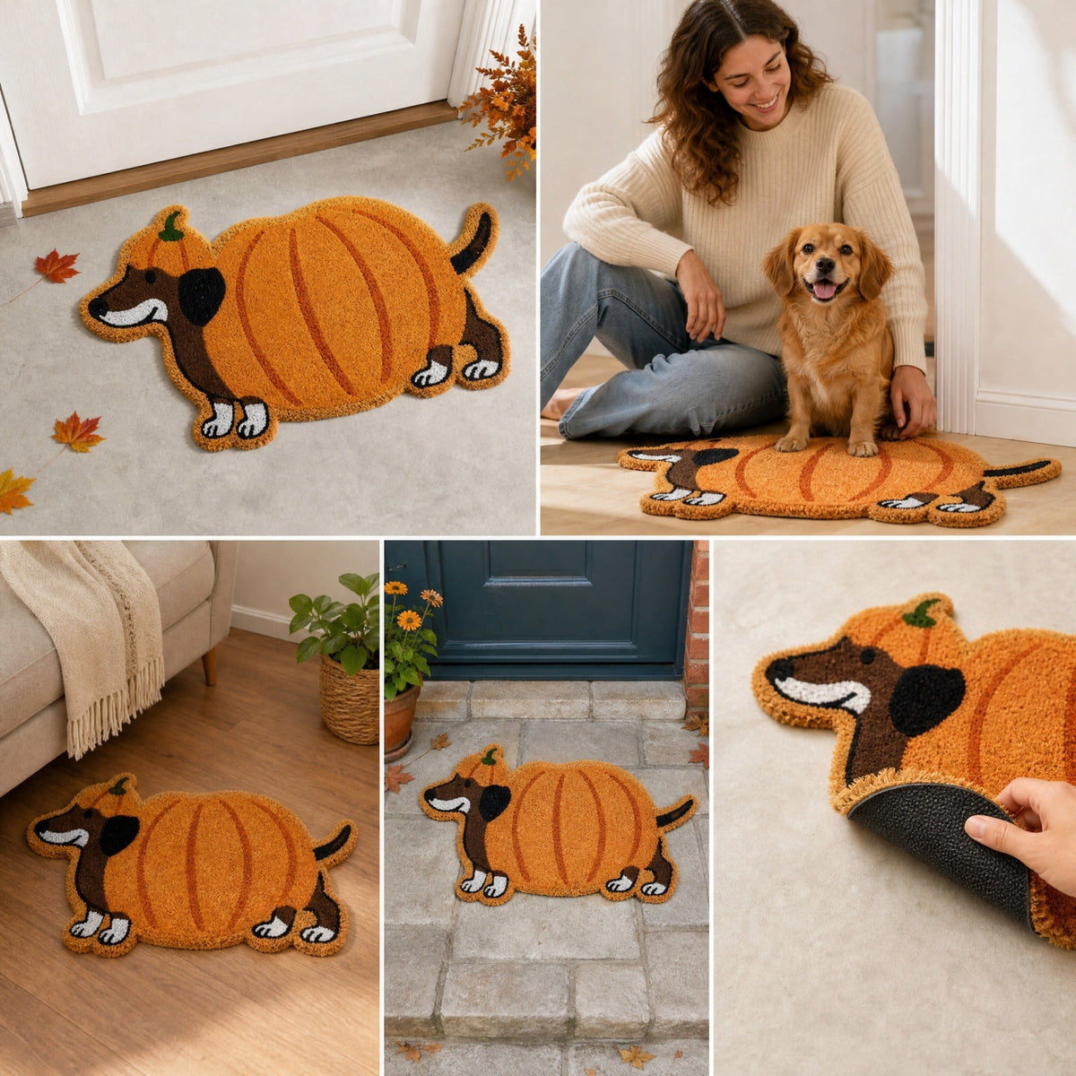 Halloween Dog Door Mat, Pumpkin Dog Coir Mat, Spooky Characters Welcome Mat for Front Porch, Non-Slip Outdoor Indoor Rug Doormat, Fall Holiday Home Decor