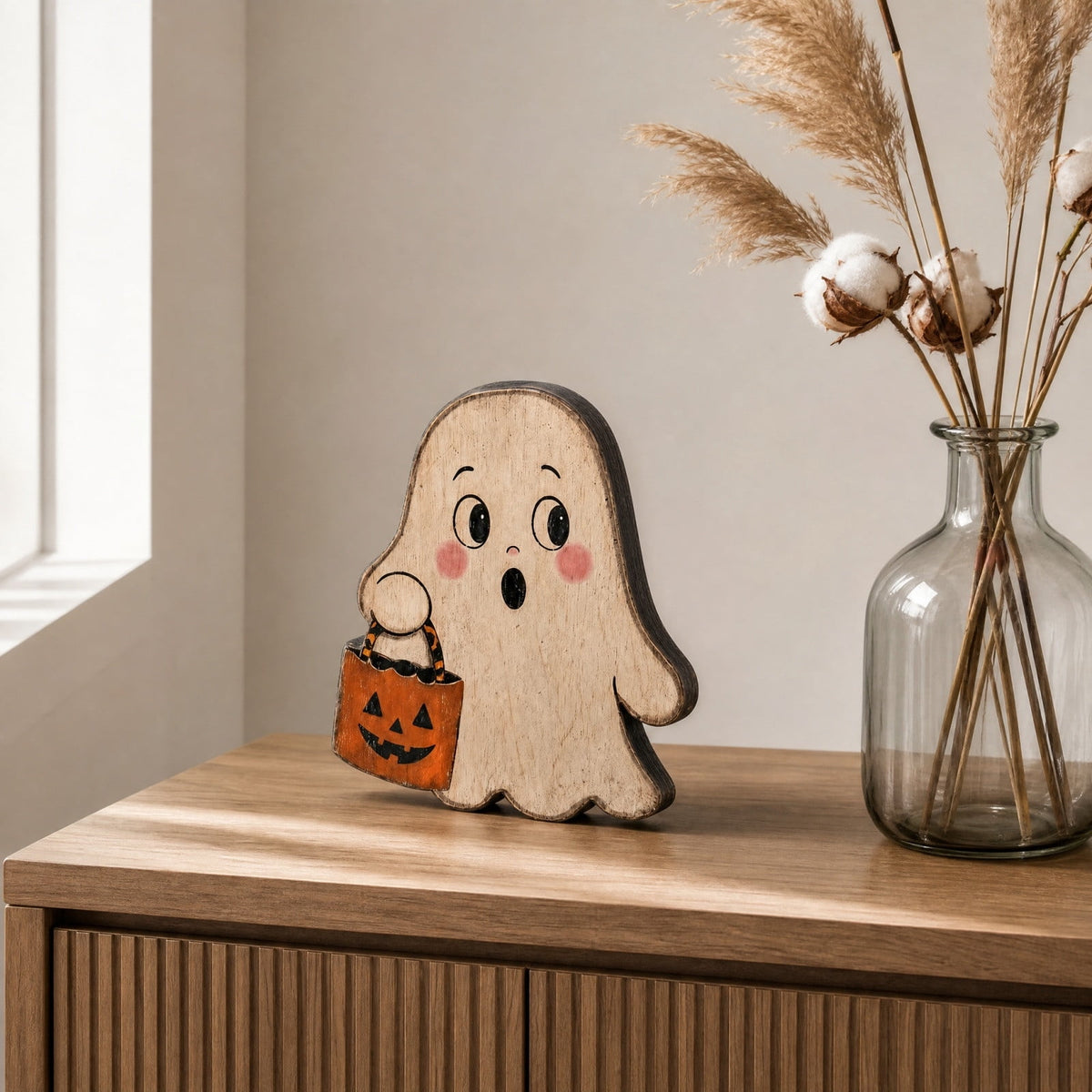 SLYNSHome Vintage Wooden Ghost Tabletop Figurine, Ghost With Pumpkin Bucket Decor, Farmhouse Shelf Mantel Ornament For Halloween Indoor Home Holiday Party Atmosphere Decoration