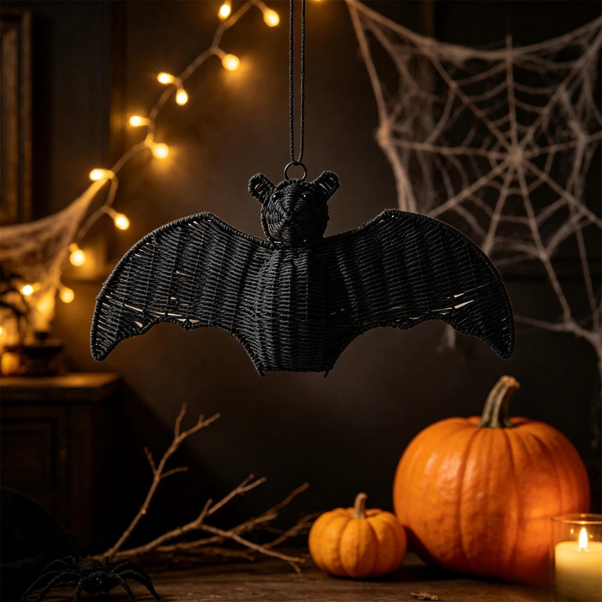Black Rattan Wall Decoration, Halloween Wicker Bat Art, Indoor and Outdoor Festive Decor, Durable Plastic Material