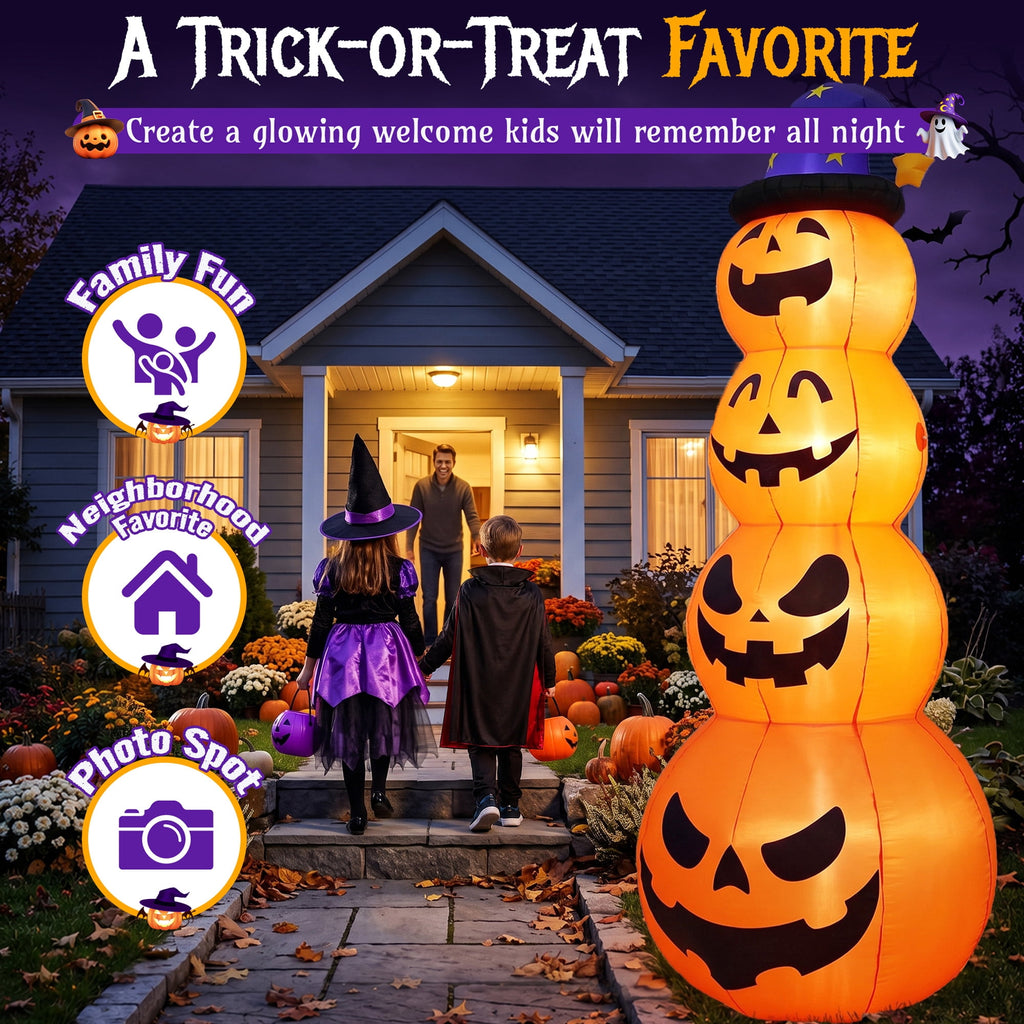 Qunler 8ft Halloween Pumpkin Stack Inflatable Decoration with Witch Hat, Polyester Material Lighted Blow up Yard Decor for Outdoor Lawn Garden