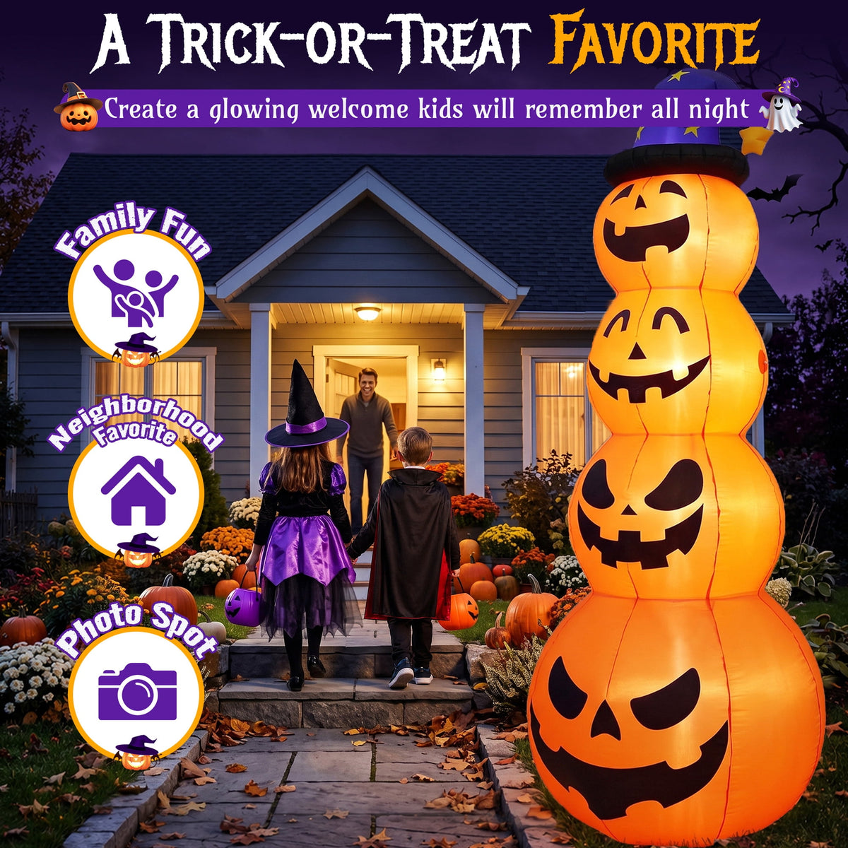 Qunler 8ft Halloween Pumpkin Stack Inflatable Decoration with Witch Hat, Polyester Material Lighted Blow up Yard Decor for Outdoor Lawn Garden