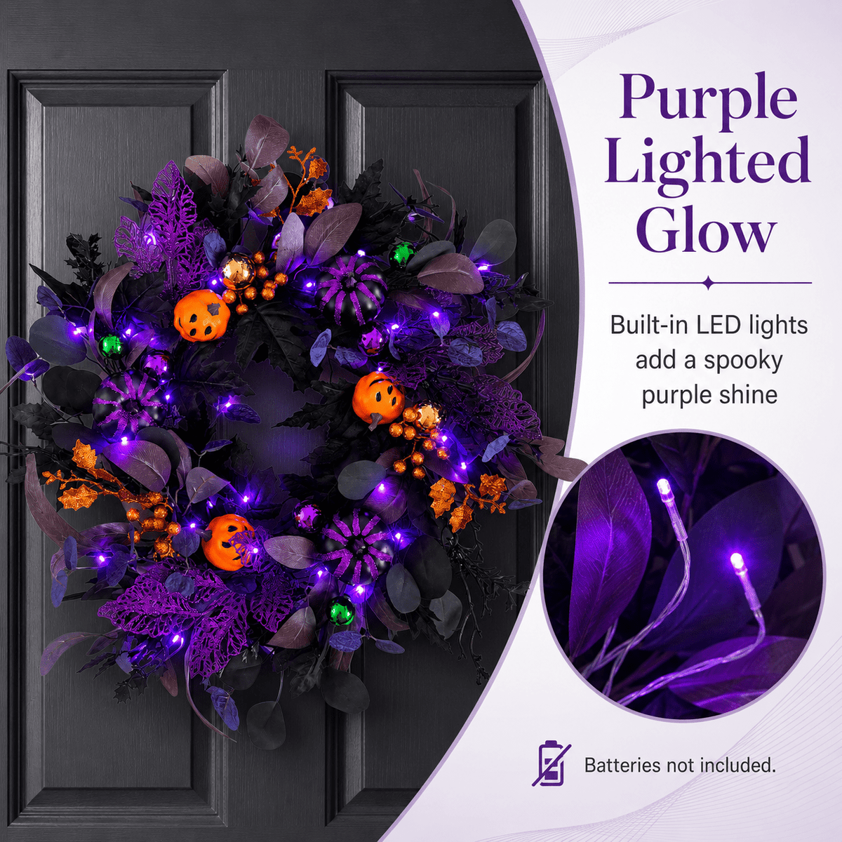 SLUMLOVE 22 in Lighted Halloween Wreath, Black and Purple Pumpkin Door Decor for Front Door, Porch, Wall, Indoor and Covered Outdoor