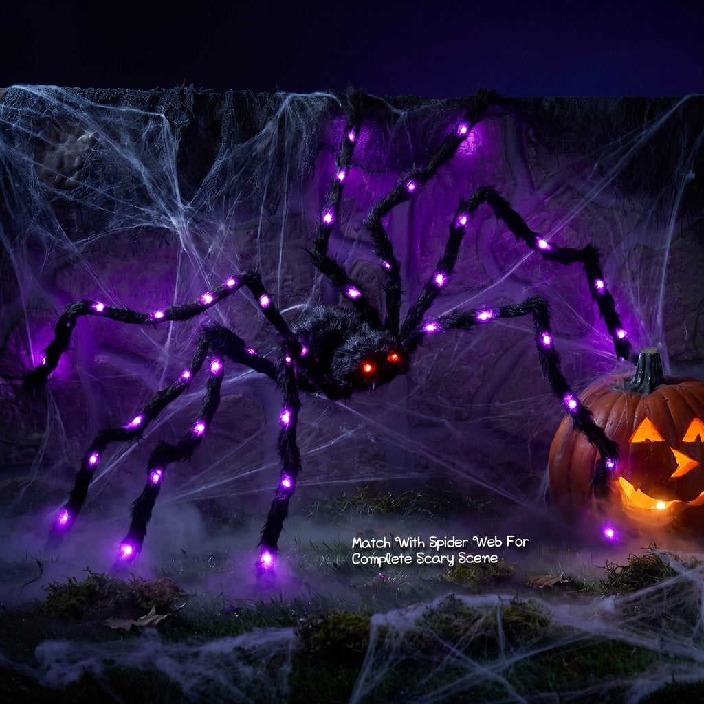 Ayieyill 5ft Giant Light-up Halloween Spider, Scary Hairy Fabric Spider for Indoor Outdoor Yard Haunted House Decor, Purple