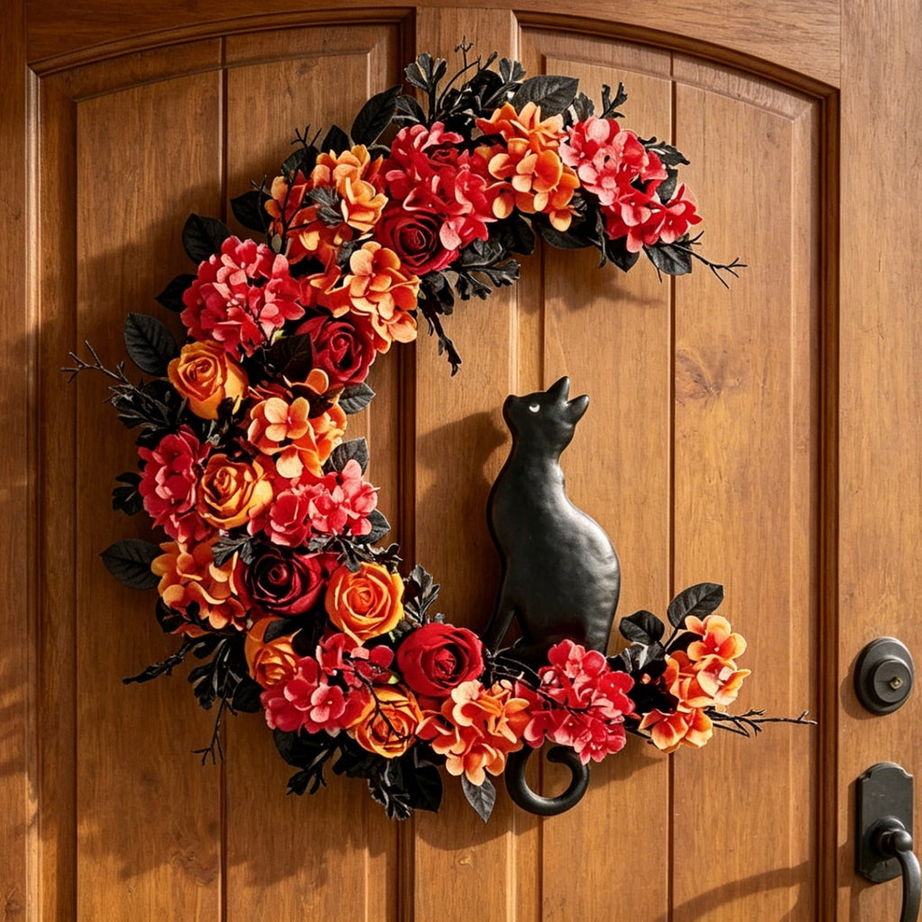 Halloween Crescent Moon Floral Wreath, Orange Red Rose Hydrangea Fall Front Door Decor, Spooky Handmade Wreath for Indoor Outdoor Home Wall Party
