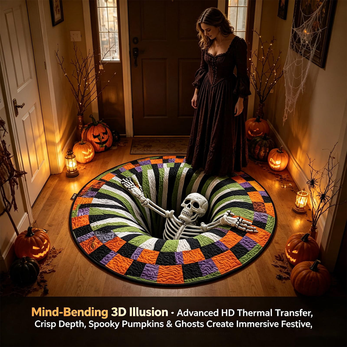 Halloween Round Rug 3D Skeleton Vortex Quilted Illusion Mat | Soft non-slip fabric indoor round decor. Perfect for living room, kitchen or bathroom. Features a spooky depth pattern
