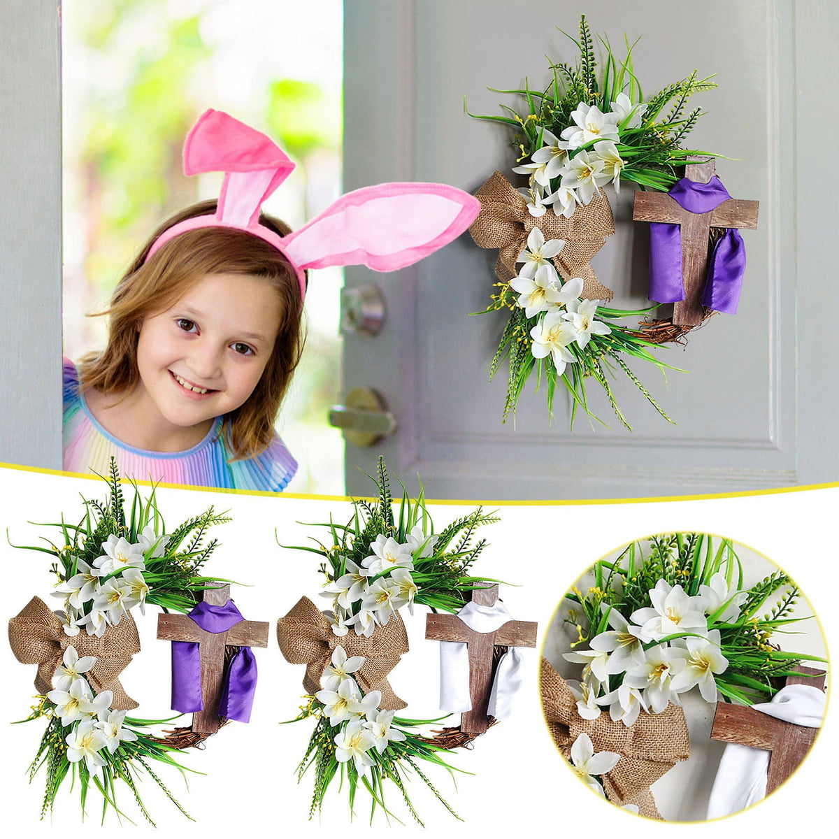 XEOVHV Easter Wreath, Cross Door Sign Easter Door Sign， Easter Wooden Wreath Hanging Sign Christian Floral Easter Decor 13.8 x 13.8 Inch Jesus Wreath Door Hanger for Front Door Wall Decor