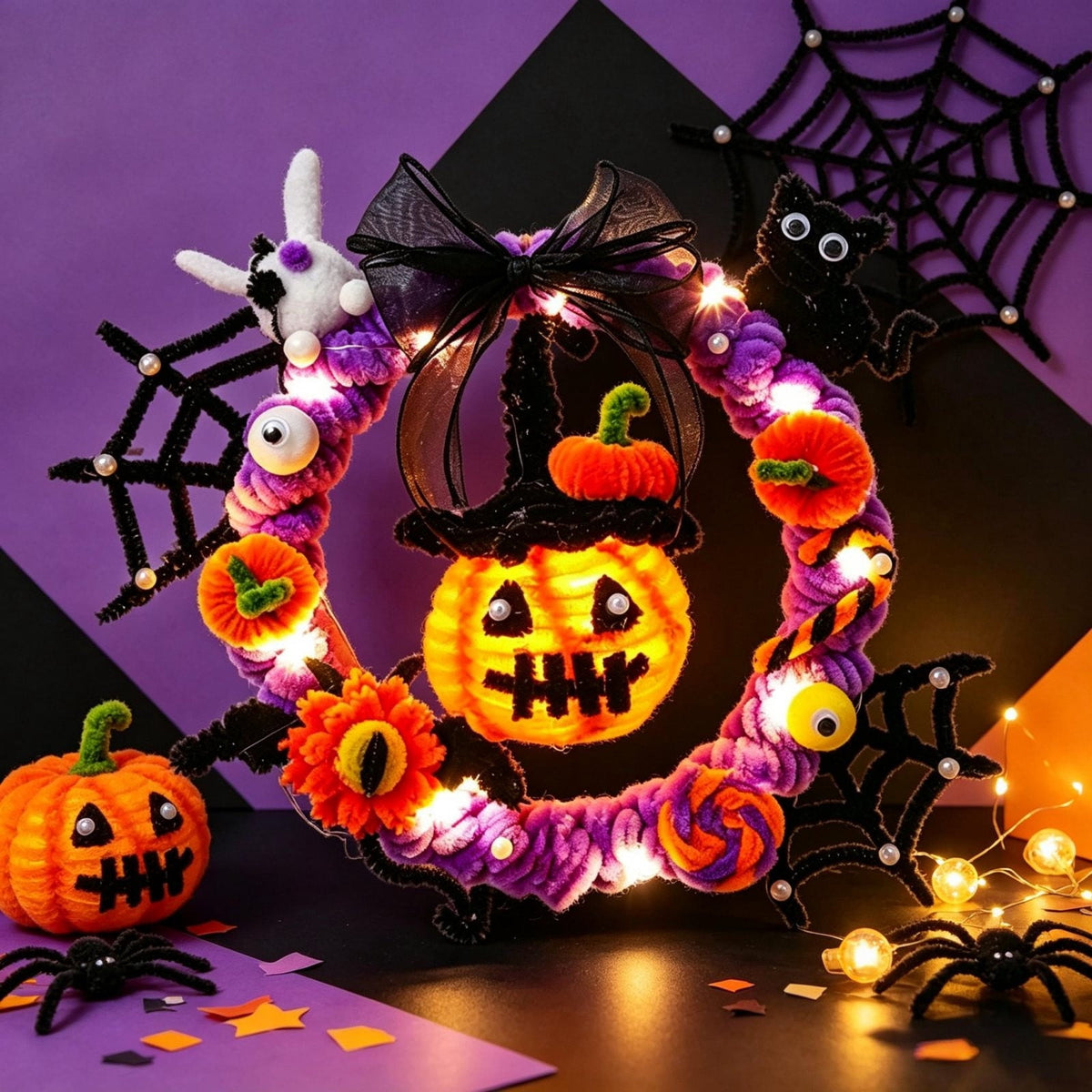 WWC Halloween Wreath, Orange LED Pumpkin and Bats Wreath, Gothic Halloween Decorations Wreath for Front Door, Indoor Outdoor Party Decor