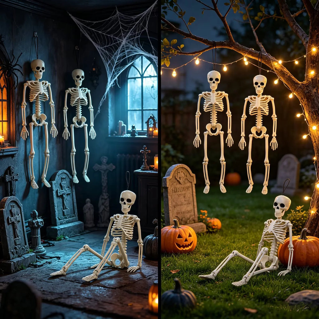 Fdyrgv 4 Pack 16" Posable Full Body Skeleton, Halloween Skeleton Decor with Movable Joints & Adjustable Jaw, Built-in Hanging String, Water Resistant Graveyard Haunted House Yard Décor