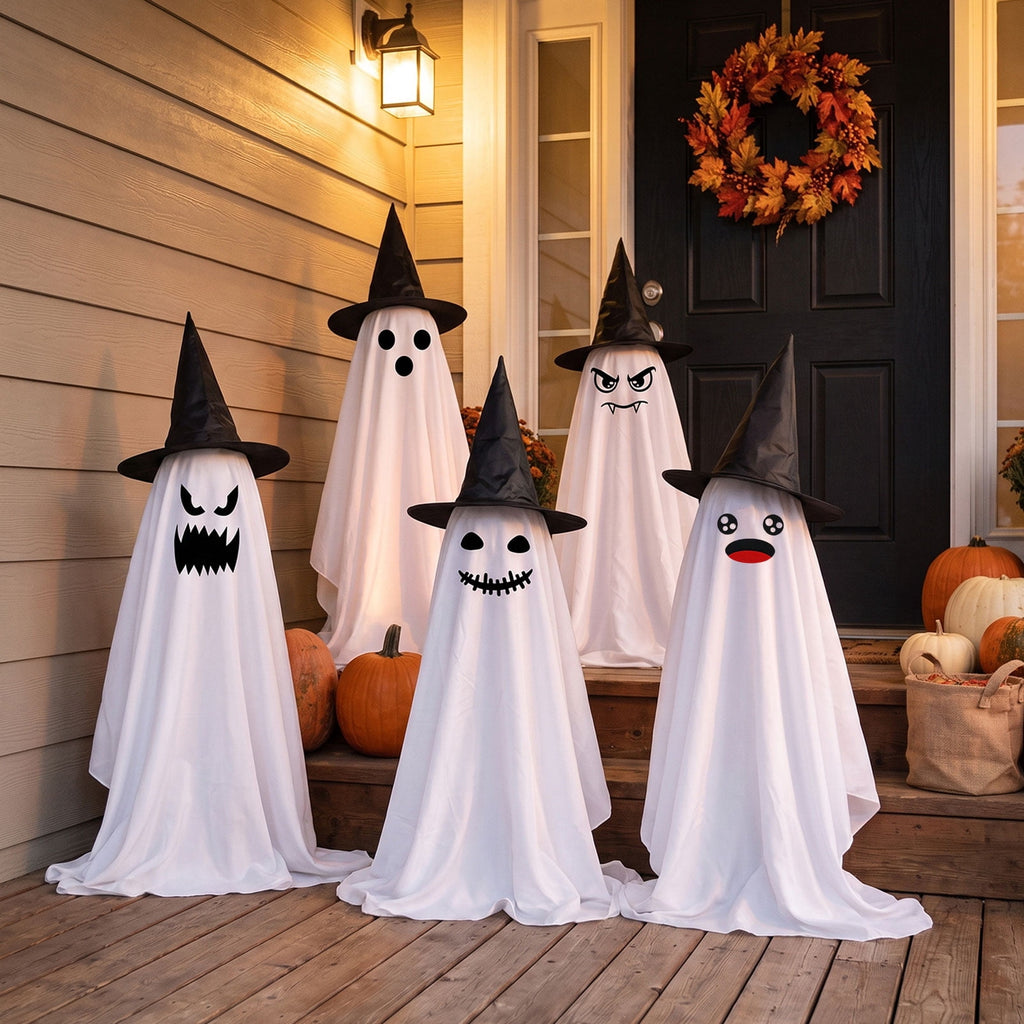 Tumao Halloween Decorations Outdoor, Light Up Spooky Ghosts Decoration, Cute Halloween Decorations Indoor, DIY Ghost Kit Decor with Emoji Stickers Witch Hat for Party, Yards, Porch, Gardens