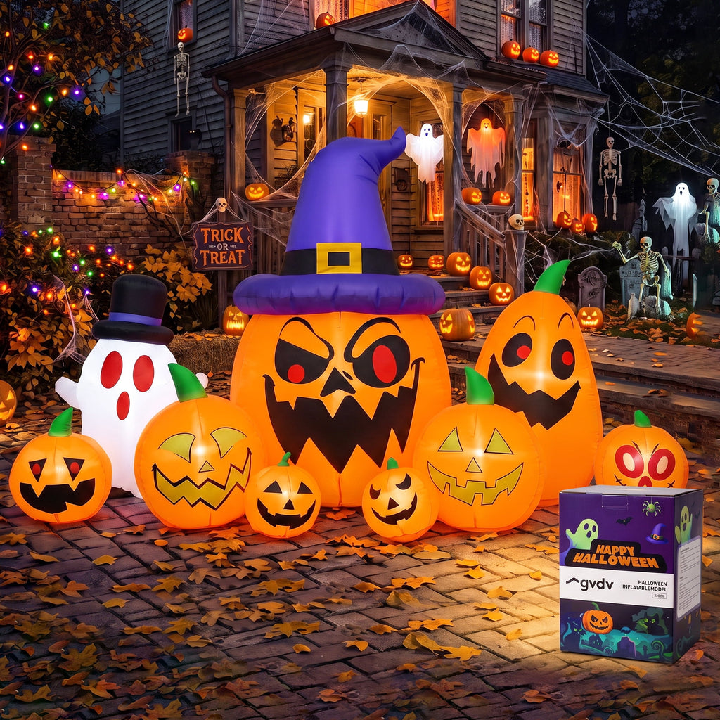 GVDV 8FT Halloween Inflatables Pumpkin Decorations with Witch Hat & Build-in LEDs, Halloween Blow Ups Indoor/Outdoor Decor for Party, Yard, Lawn