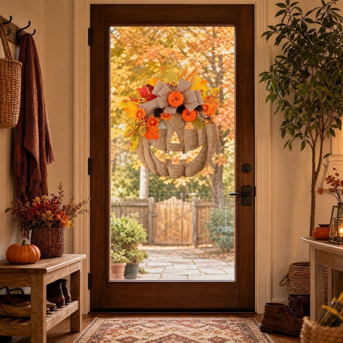 Autumn Pumpkin Door Hanger, Simulated Flower Wooden Pumpkin Wreath Seasonal Farmhouse Wall Decoration Reusable Festive Accent, Fall Thanksgiving Halloween Decor for Front Door Porch Window Mantel