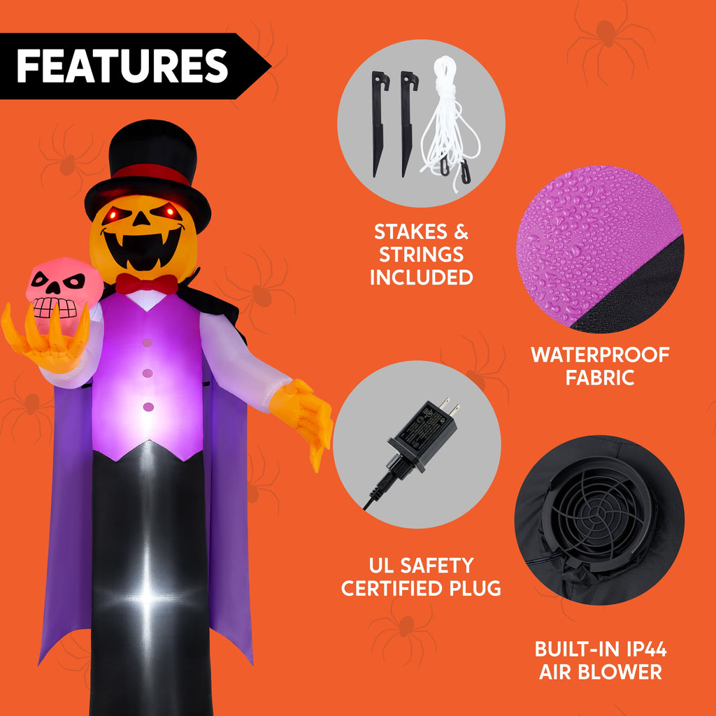 Joyfy 9 ft Halloween Inflatables Pumpkin Skeleton Decorations with Built-in LED Lights,Large Blow Up Decoration for Yard Lawn Garden Indoor Outdoor, Pumpkin Skeleton Inflatable Decoration