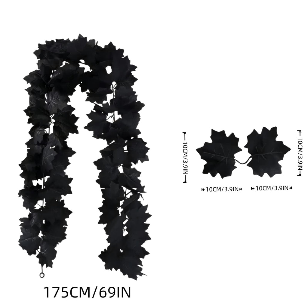 ICQOVD Halloween Black Maple Leaf Wreath Artificial Gothic Leaf Garland Hanging Decoration for Home Party Staircase Wall Door Indoor Outdoor Festival Decor