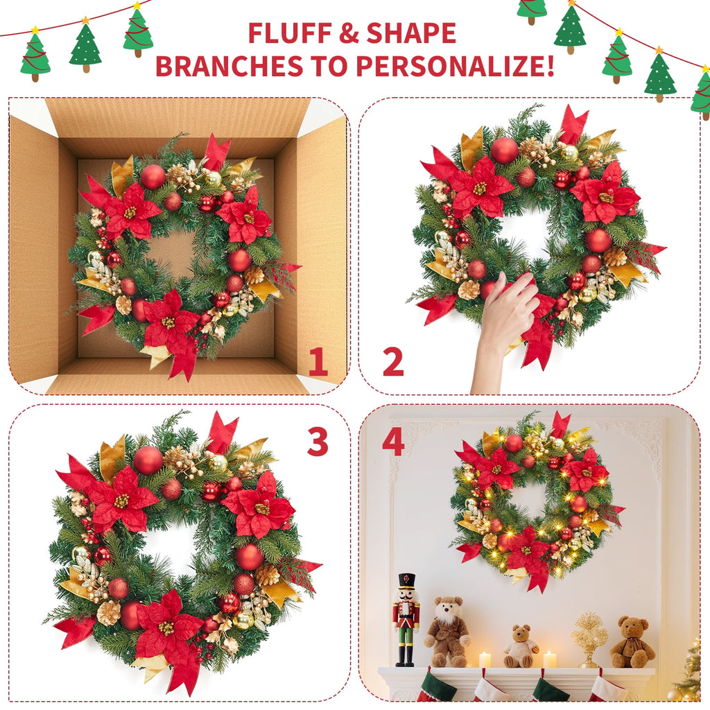 JoanKaren 24 inch Large Christmas Wreath Silver White with 20 LED Lights,Prelit Xmas Wreath w/ Ball Ornaments Pine Cone