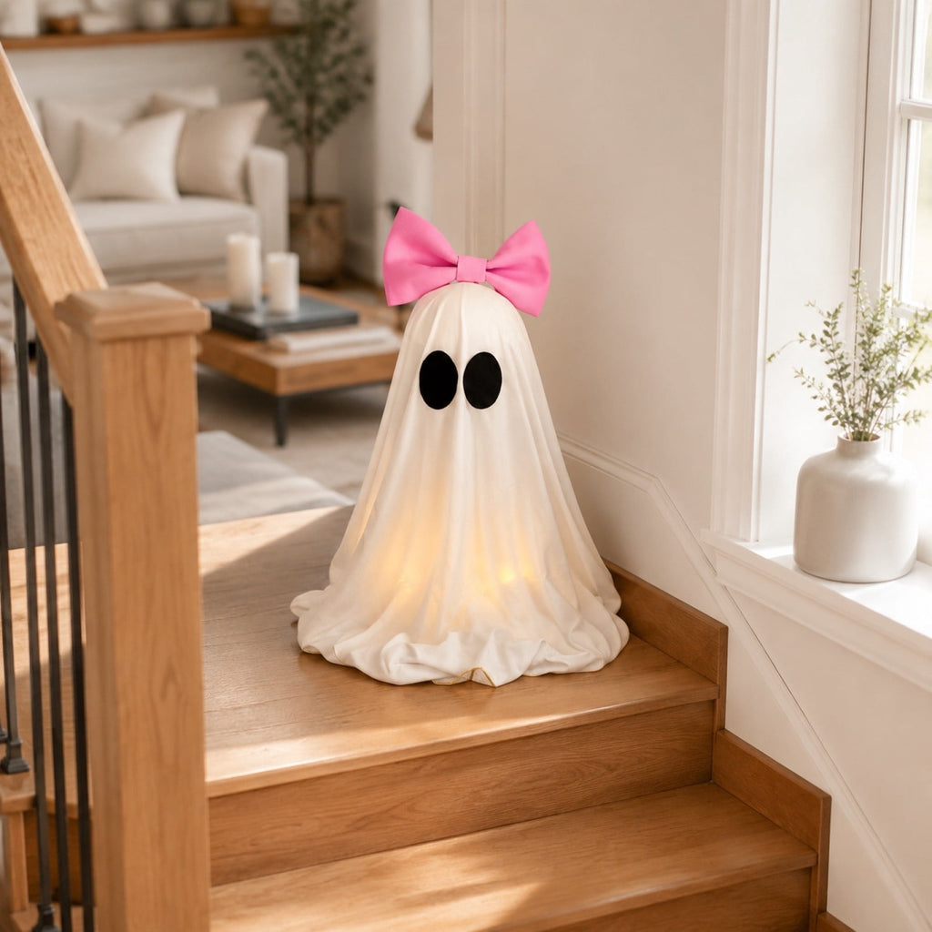 Clearance! Halloween Yard Decorations Light Up Ghost with Bow for Outdoor Front Porch Patio Lawn Garden Entryway Scary House Display Spooky Holiday Party Prop Home Decor