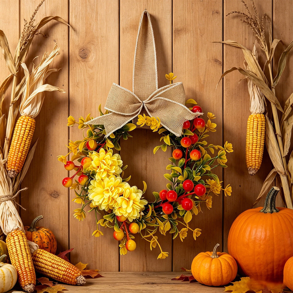 Deeceymbur Artificial Fall Pumpkin Wreath with Bow Harvest Front Door Halloween Thanksgiving Wall Decor