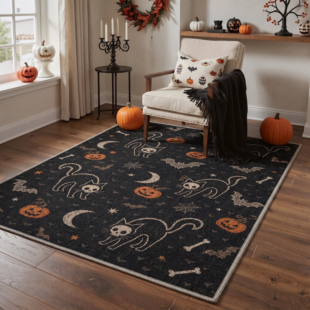 GENIMO 5'x7' Halloween Area Rug for Living Room, Washable Non Slip Soft Vintage Pumpkin Indoor Rug for Bedroom Dining Room Home Office, Antique Moss