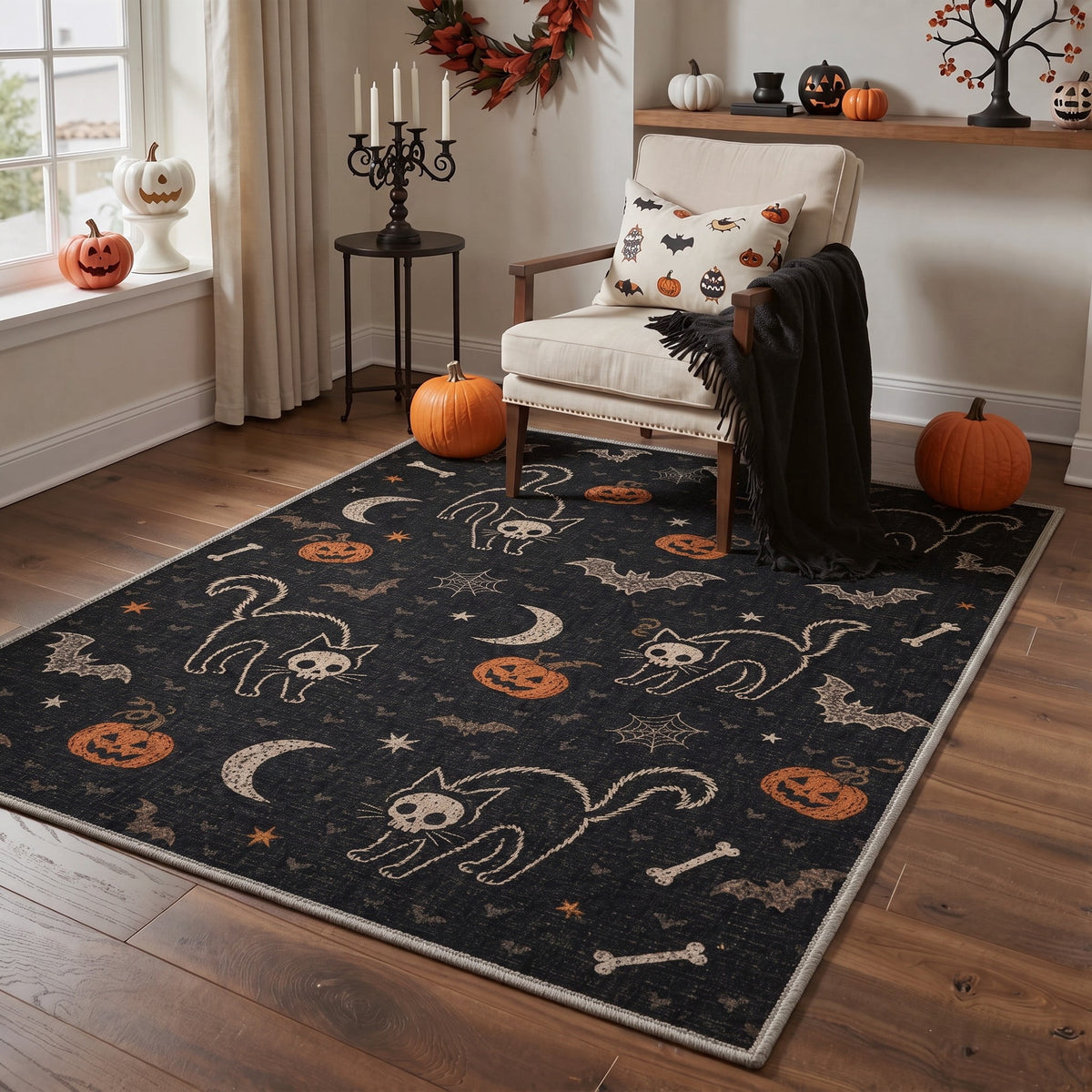 GENIMO 5'x7' Halloween Area Rug for Living Room, Washable Non Slip Soft Vintage Pumpkin Indoor Rug for Bedroom Dining Room Home Office, Antique Moss