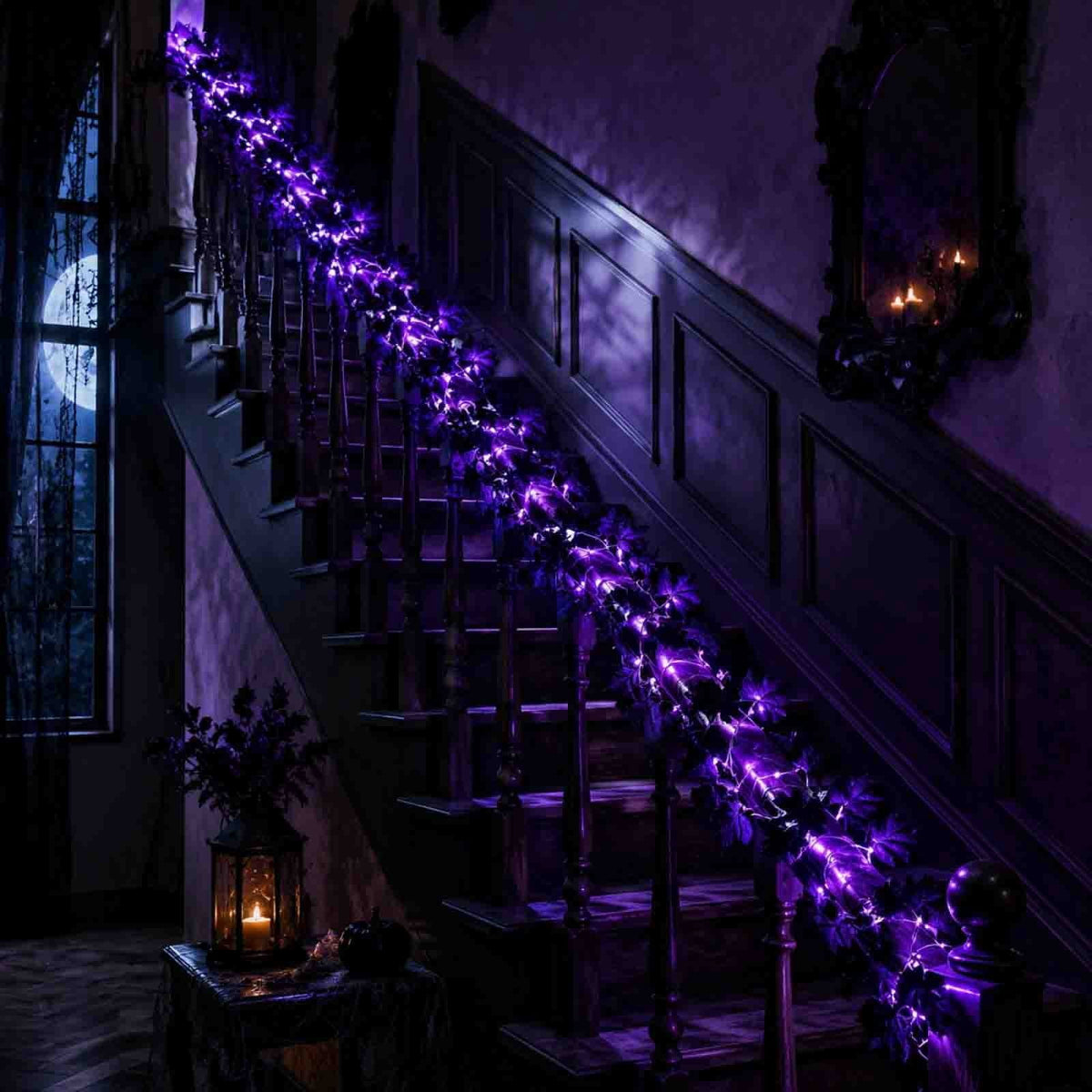 CuiLiyq Halloween Tinsel Garland, 78.7 Inch Black Purple Silver Foil with Bats and Ghosts, Party Decor for Mantel, Staircase, Doorway