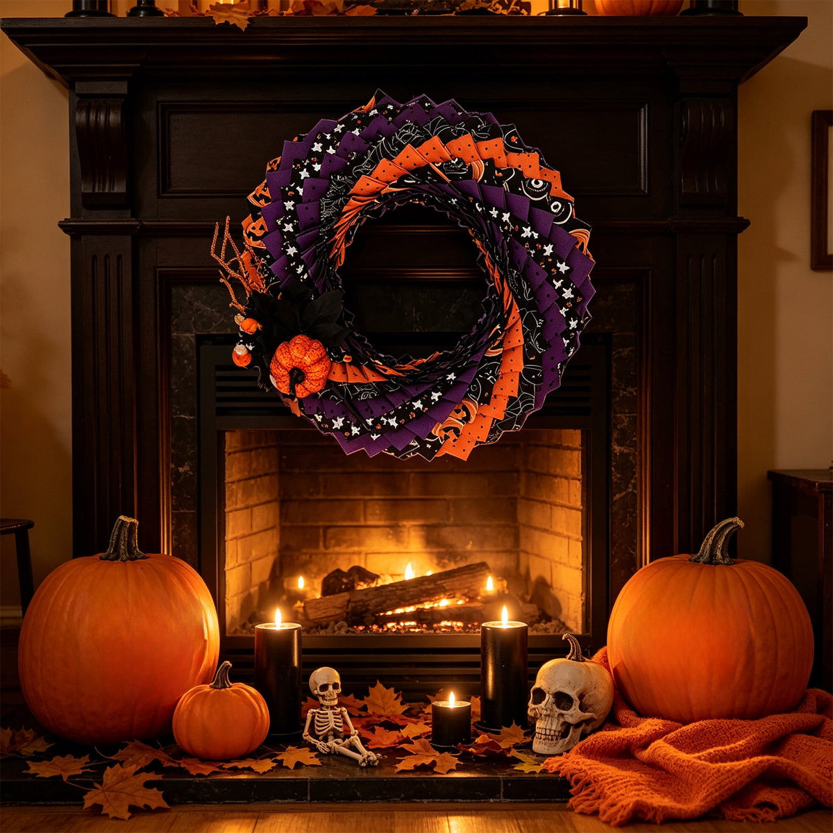 Halloween Wreath 16 Inch, Spooky Fabric Front Door Wreath with Pumpkin & Ghost, Orange Purple Black Fall Porch & Wall Decor