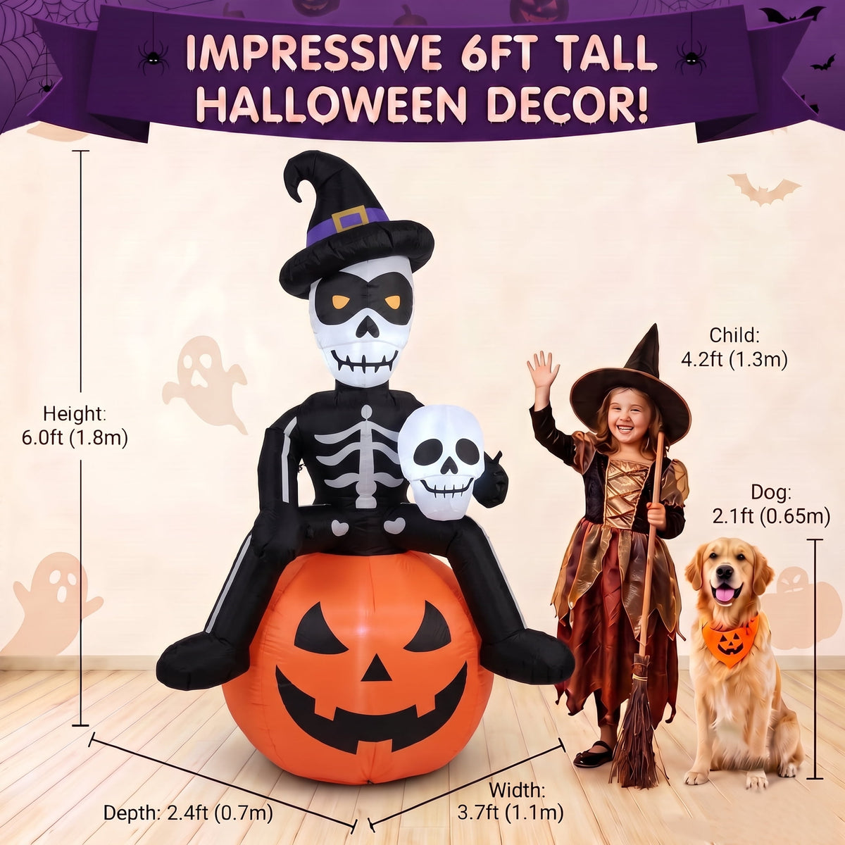 Glazina 6FT Halloween Inflatable Black Cat on Pumpkin with Witch Hat, Built-In LED Lights, Outdoor Halloween Blow Up Yard Decoration