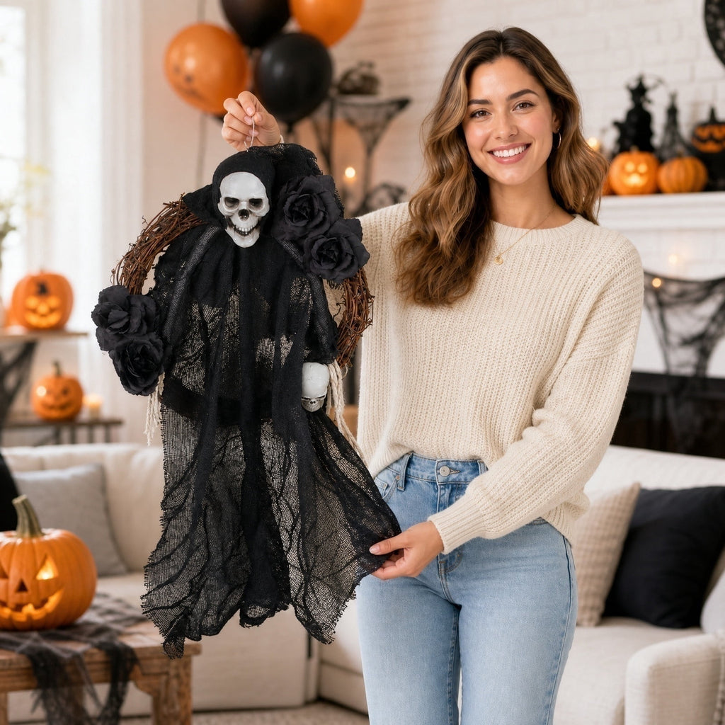 Halloween Ghost Decor Halloween Wreath for Front Door Spooky Gothic Halloween Rattan Wreath with Skull Rose Halloween Skeleton Decoration for Indoor Outdoor Porch Wall Home Decor