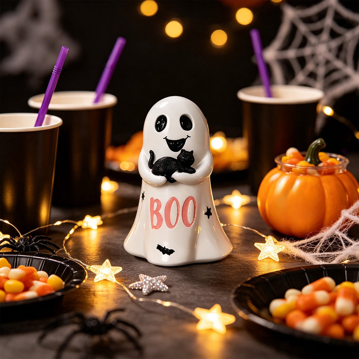 Halloween Ghost Figurine, Ghost Girl with Pink Bow & Hot Drink, Funny Ghost Statue Halloween Decor for Gift, Cute Spooky Tabletop Ornament for Home, Mantle, Desk & Party Decoration