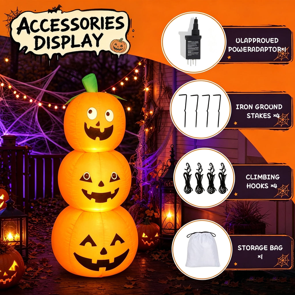 Halloween Inflatables Outdoor, 8FT Long Cute & Lighted Blow Up Decoration Pumpkin Family with Witch Hat, Large Halloween Inflatables Decorations with Lights for Yard, Holiday, Home