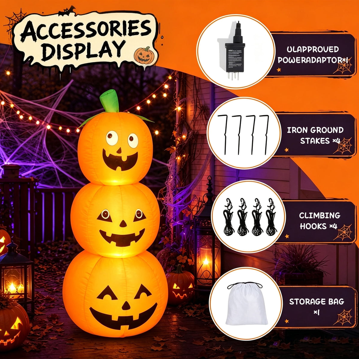 Halloween Inflatables Outdoor, 8FT Long Cute & Lighted Blow Up Decoration Pumpkin Family with Witch Hat, Large Halloween Inflatables Decorations with Lights for Yard, Holiday, Home