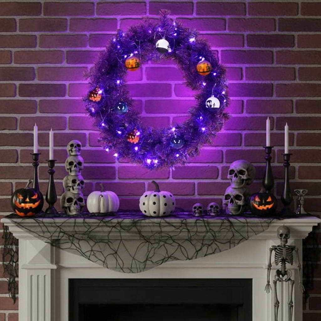 24" Halloween-Themed Christmas Wreath - Purple Pre-Lit Wreath with 50 Purple/Orange LEDs, 100 PVC Tips, DIY Ornament Pack for Indoor/Outdoor Decor