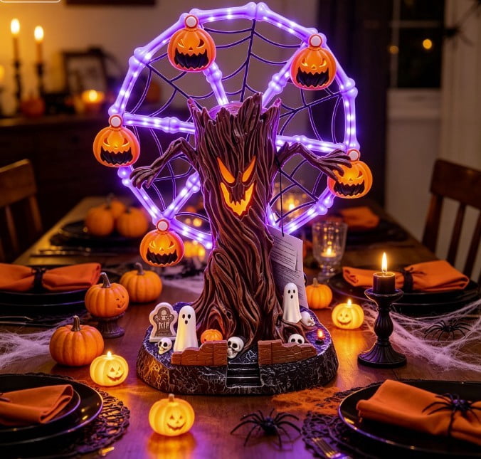 Hanging Solar Lights, Garden, Animated Halloween Ferris Wheel Tabletop Decor with Purple LED, Moving Skeleton Cauldrons, Spooky Tree Centerpiece for Party