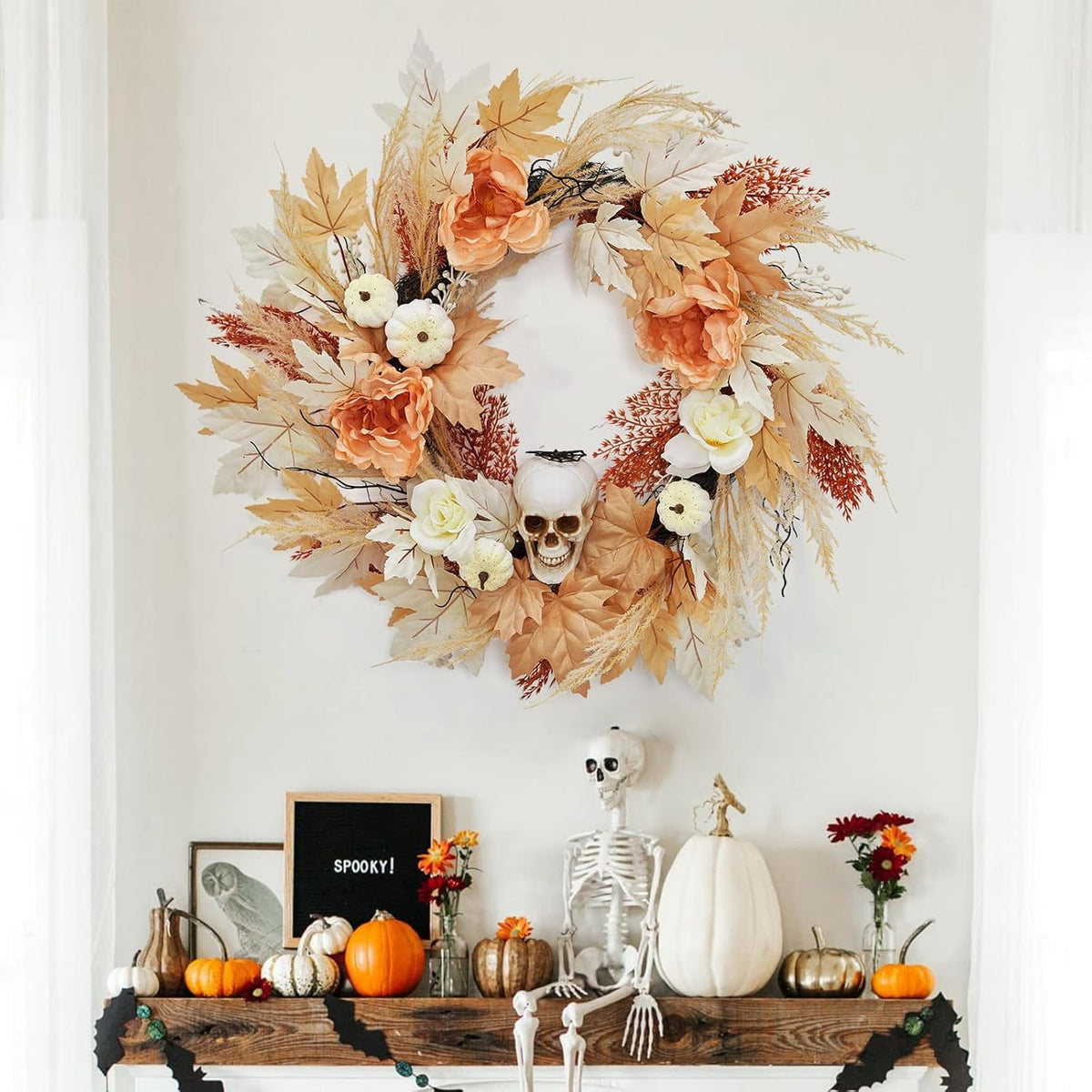 HELLONE 22 Inch Halloween Wreath for Front Door, Halloween Skull Wreath with Lights White Pumpkins Roses, Halloween Decorations Fall Maple Leaves Wreath for Porch Window Indoor Outdoor Decor