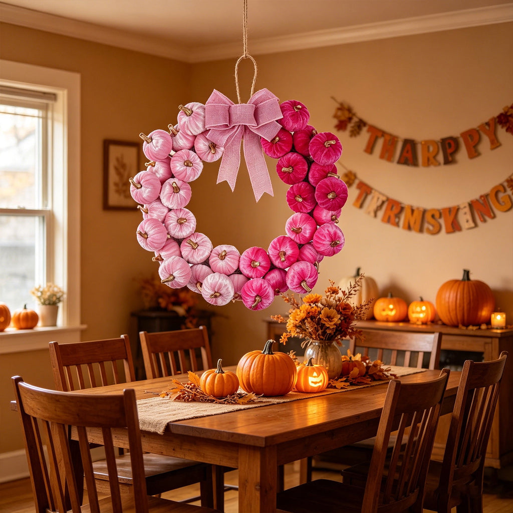 Diceymbol Pastel Velvet Pink Pumpkin Wreath with Pink Bow for Front Door Halloween Decorations 17 Inch