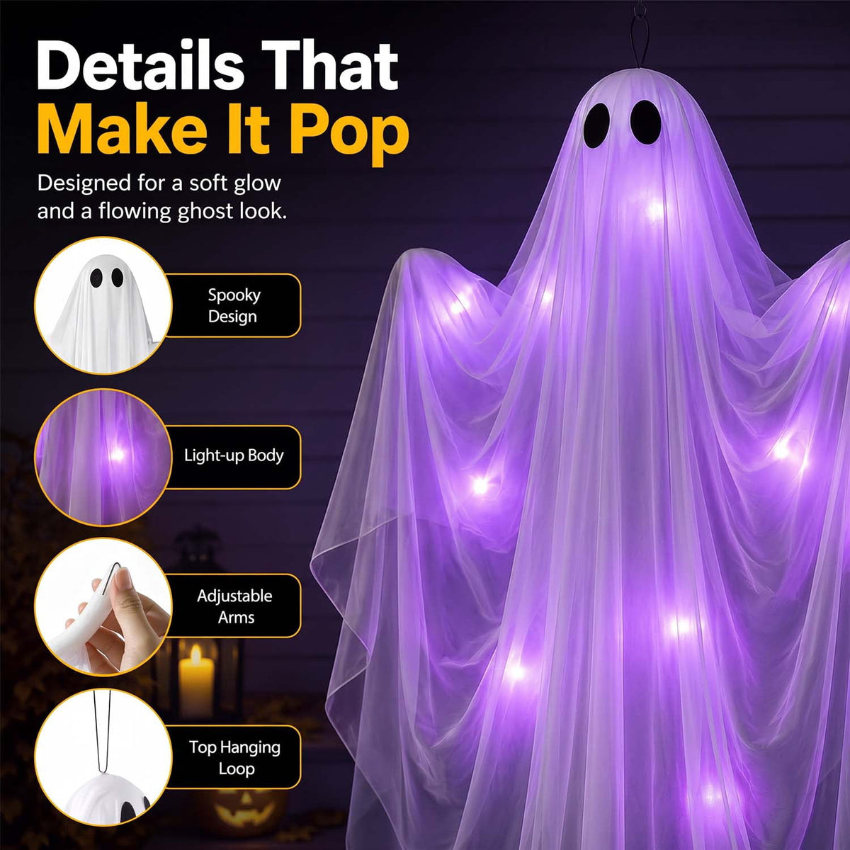 Ayieyill Halloween Ghost Decor with Blue LED Light, 47” Light up Hanging Ghost Halloween Yard Porch Decorations Outdoor