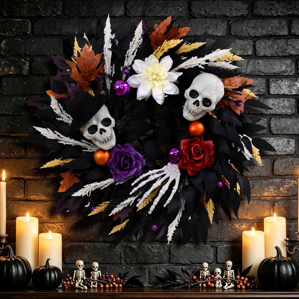 Lyacmy Halloween Wreath for Front Door Halloween Skeleton Decorations, Wreath with Skull Maple Leaves for Window Indoor Outside Home Party Decor