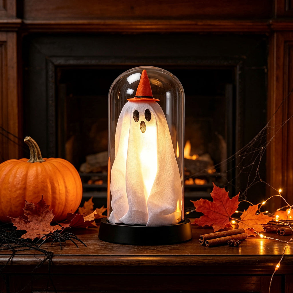 Orangide Halloween Ghost Cloche Night Light Fabric Ghost Lamp with Glass Dome for Mantel Shelf Spooky Party and Home Decor Ornament