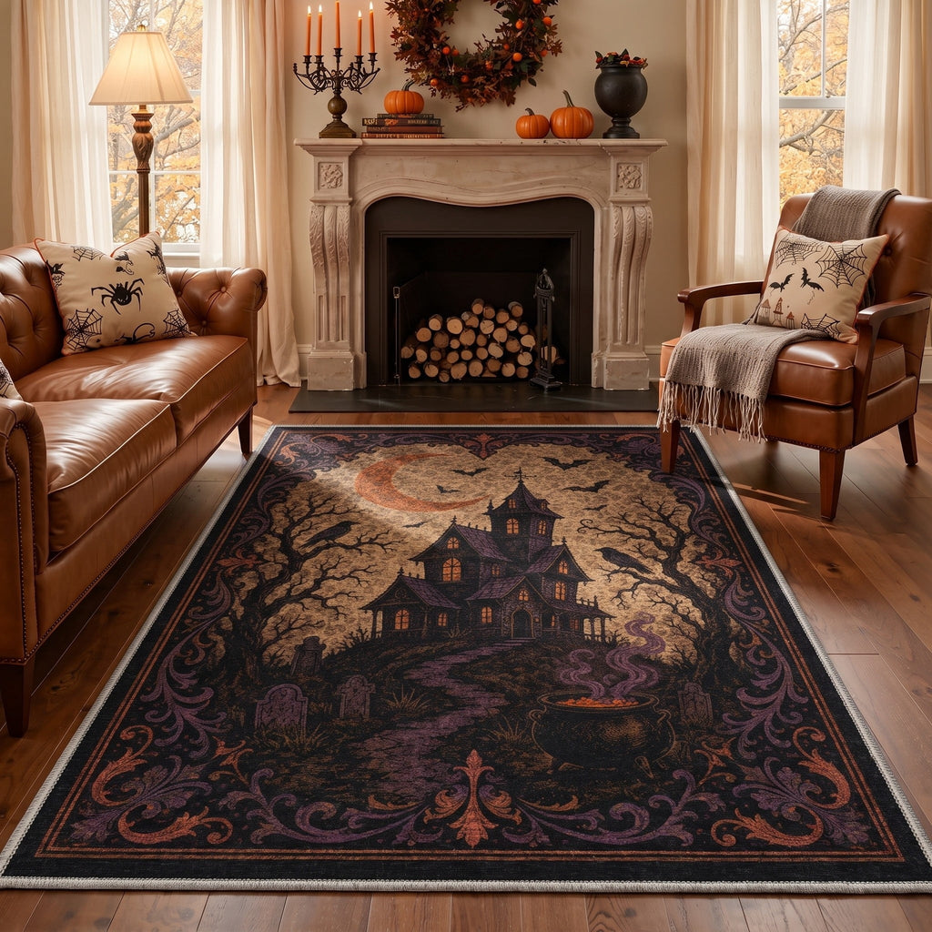 GENIMO 5'x7' Halloween Area Rug for Living Room, Washable Non Slip Soft Vintage Pumpkin Indoor Rug for Bedroom Dining Room Home Office, Antique Moss