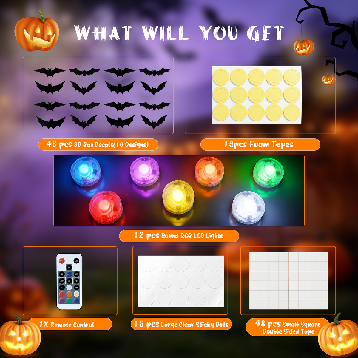 PChero 48Pcs Halloween Bats Wall Decor with 12 Color Changing Lights, 3D Light up Bats with Remote Timer, 10 Different Size PET LED Bat Wall Stickers for Bedroom Window Spooky Decor Home Decals